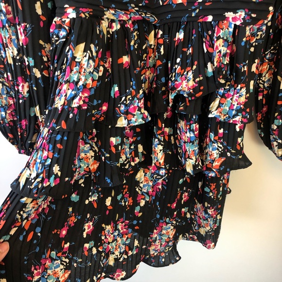 Dee Elly Black Floral Print Tiered Mini Dress Long Sleeve Smocked Waist Large - Picture 8 of 14